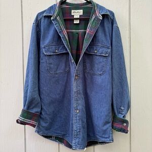 EDDIE BAUER—VTG Denim Hurricane Shacket—M—16 x 35—Flannel Lining—Made in USA